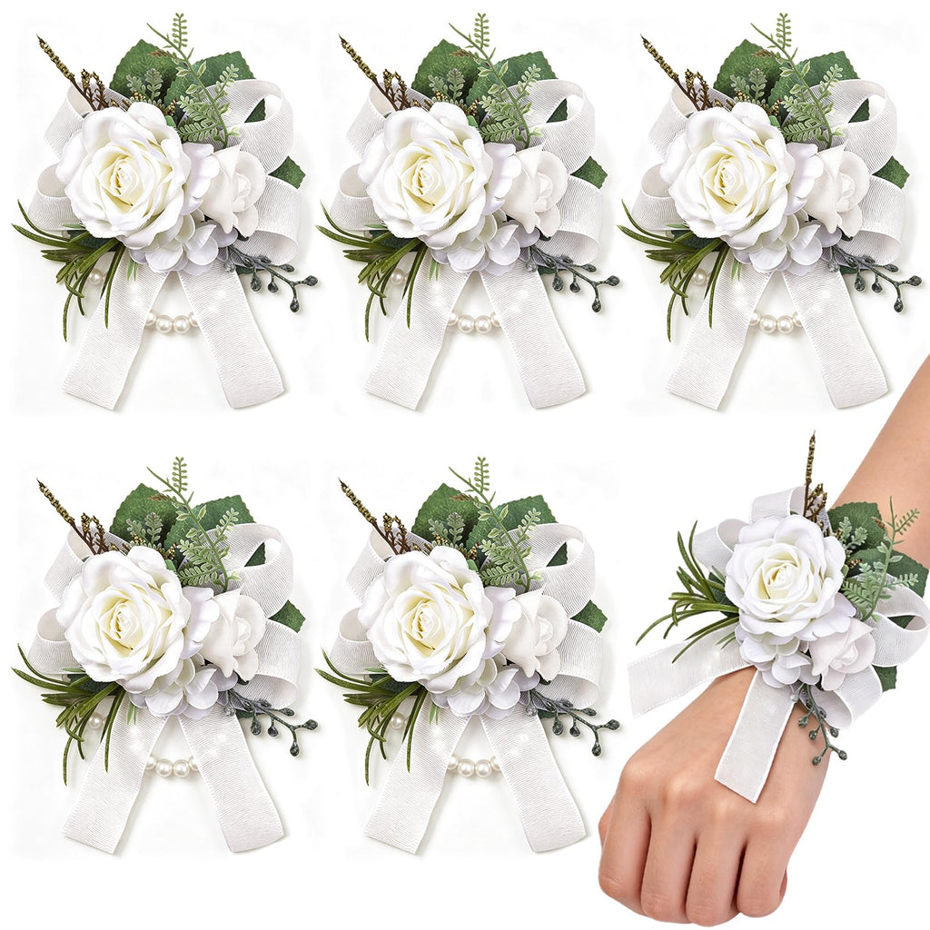 Women Champagne Faux Rose Wrist Corsages Set 6Pcs for Wedding Prom
