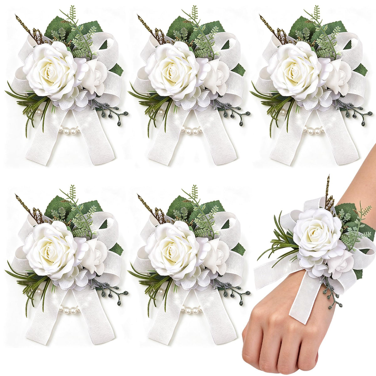Women Champagne Faux Rose Wrist Corsages Set 6Pcs for Wedding Prom