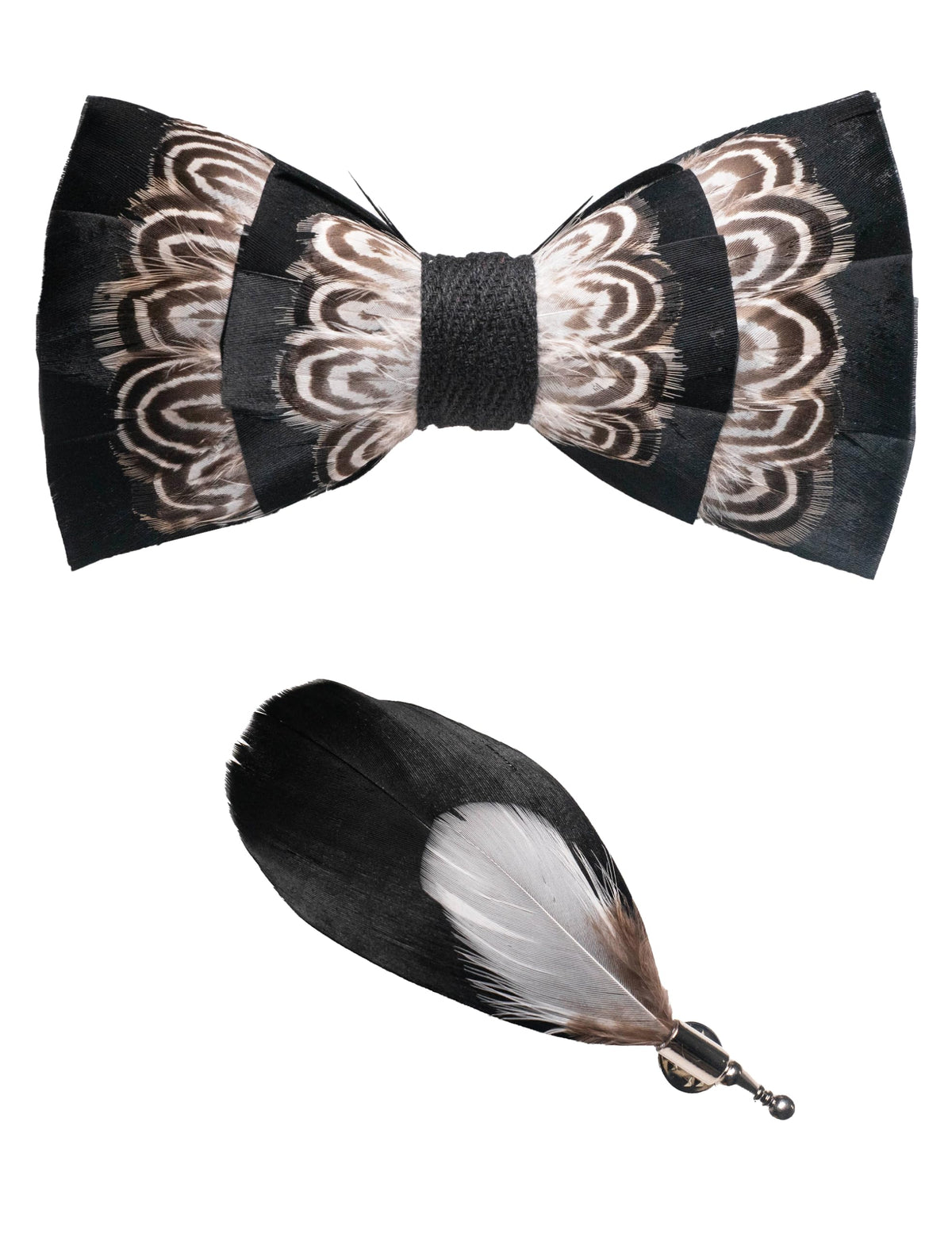 RBOCOTT Handmade Feather Pre-tied Bow tie and Brooch Sets for Men