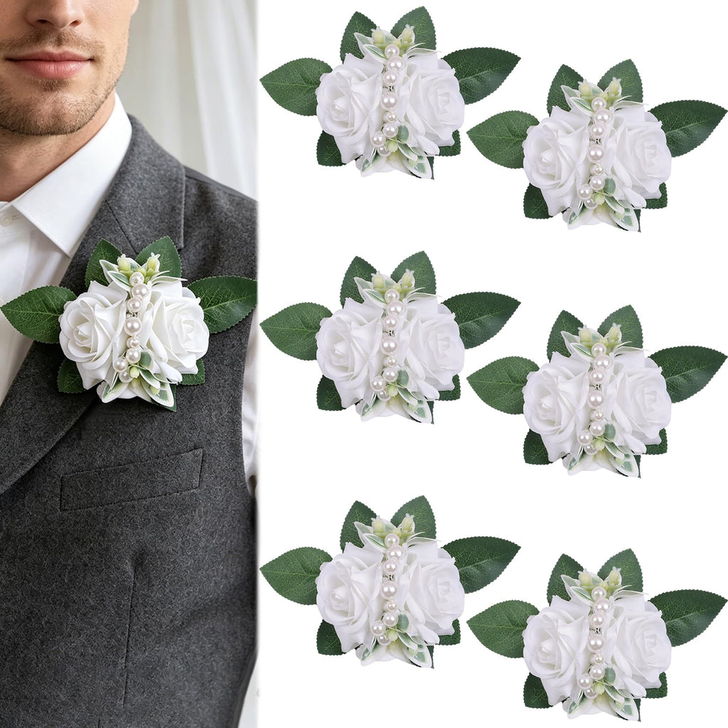 Women Champagne Faux Rose Wrist Corsages Set 6Pcs for Wedding Prom