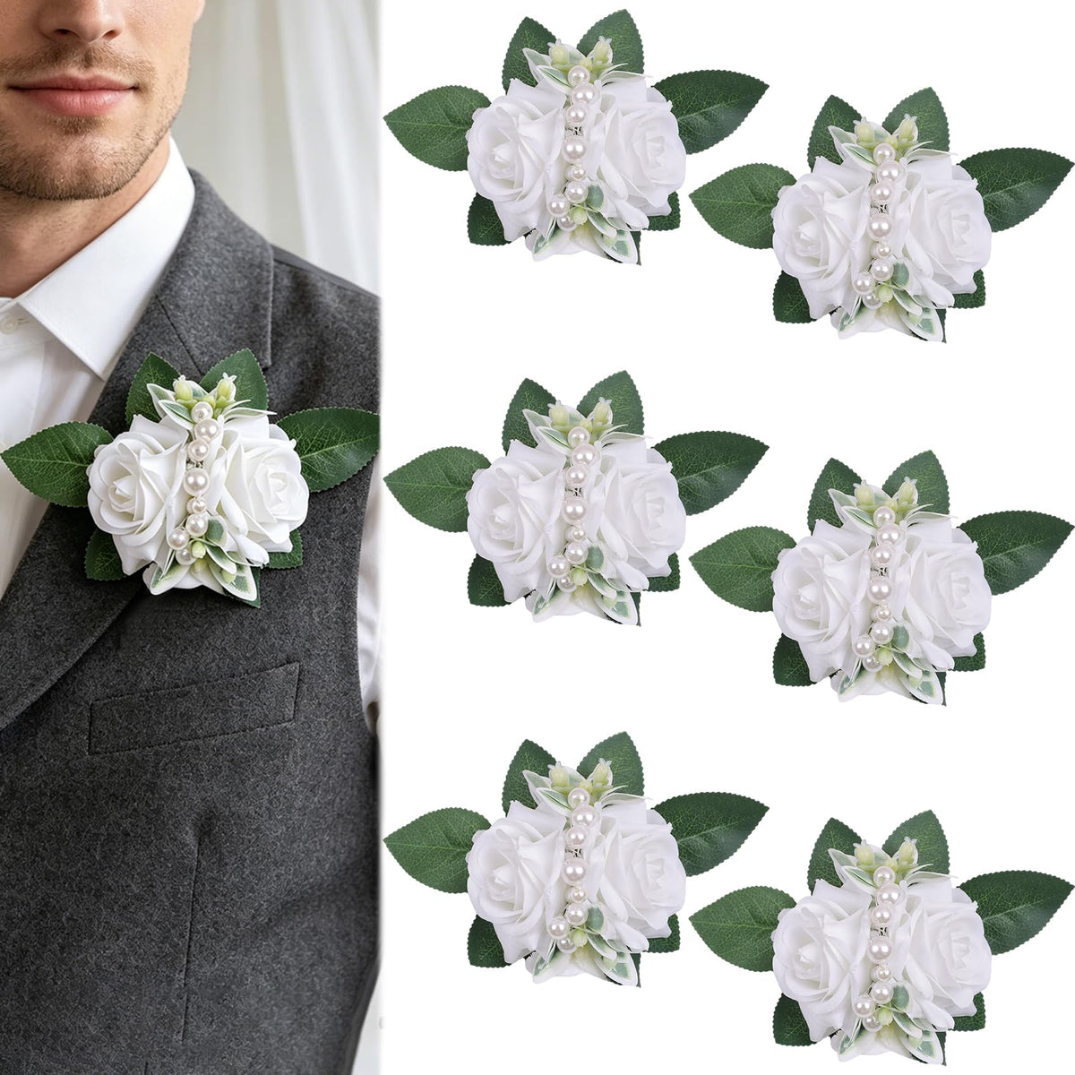 Women Champagne Faux Rose Wrist Corsages Set 6Pcs for Wedding Prom