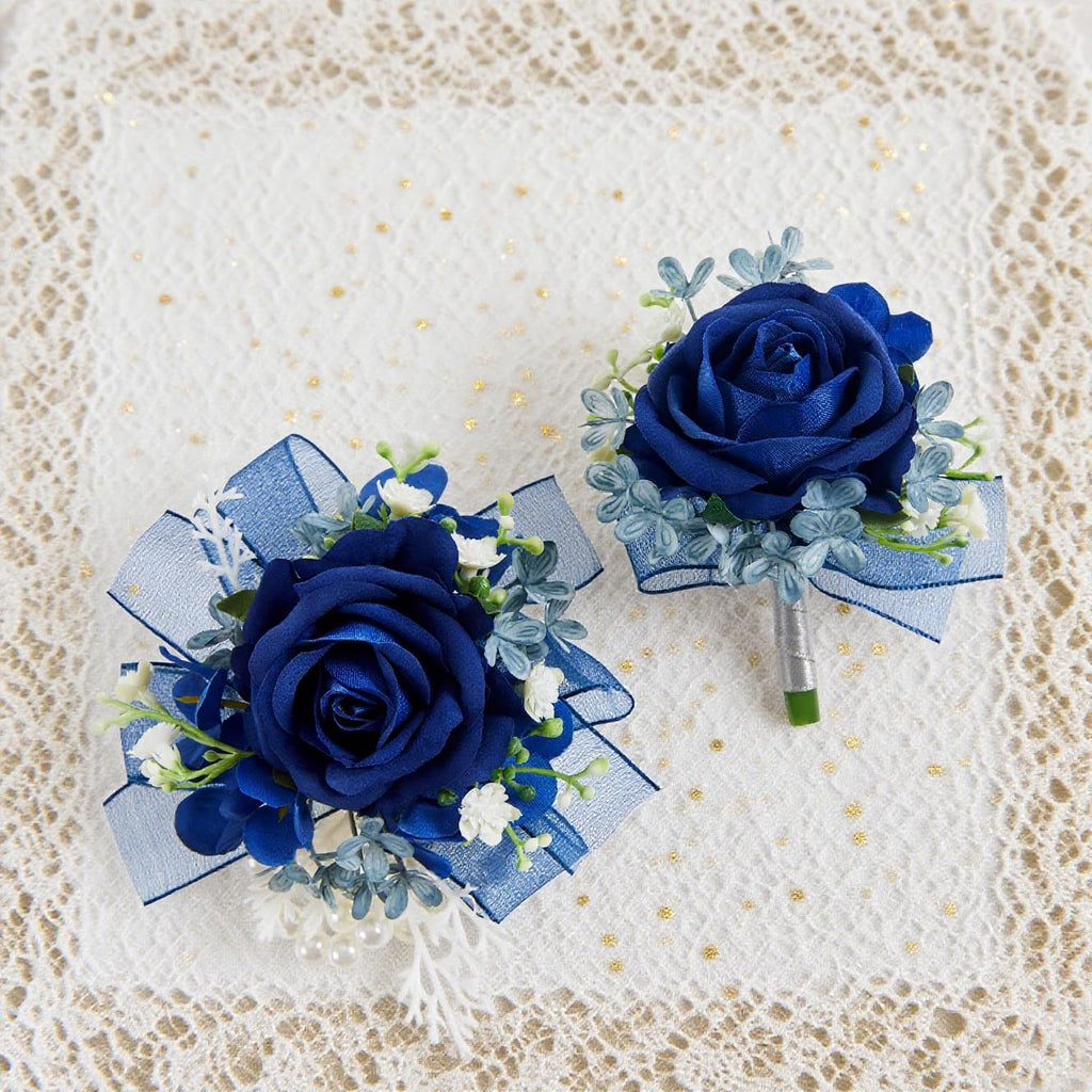 2 Pcs Blue Wrist Corsage and Boutonniere Set