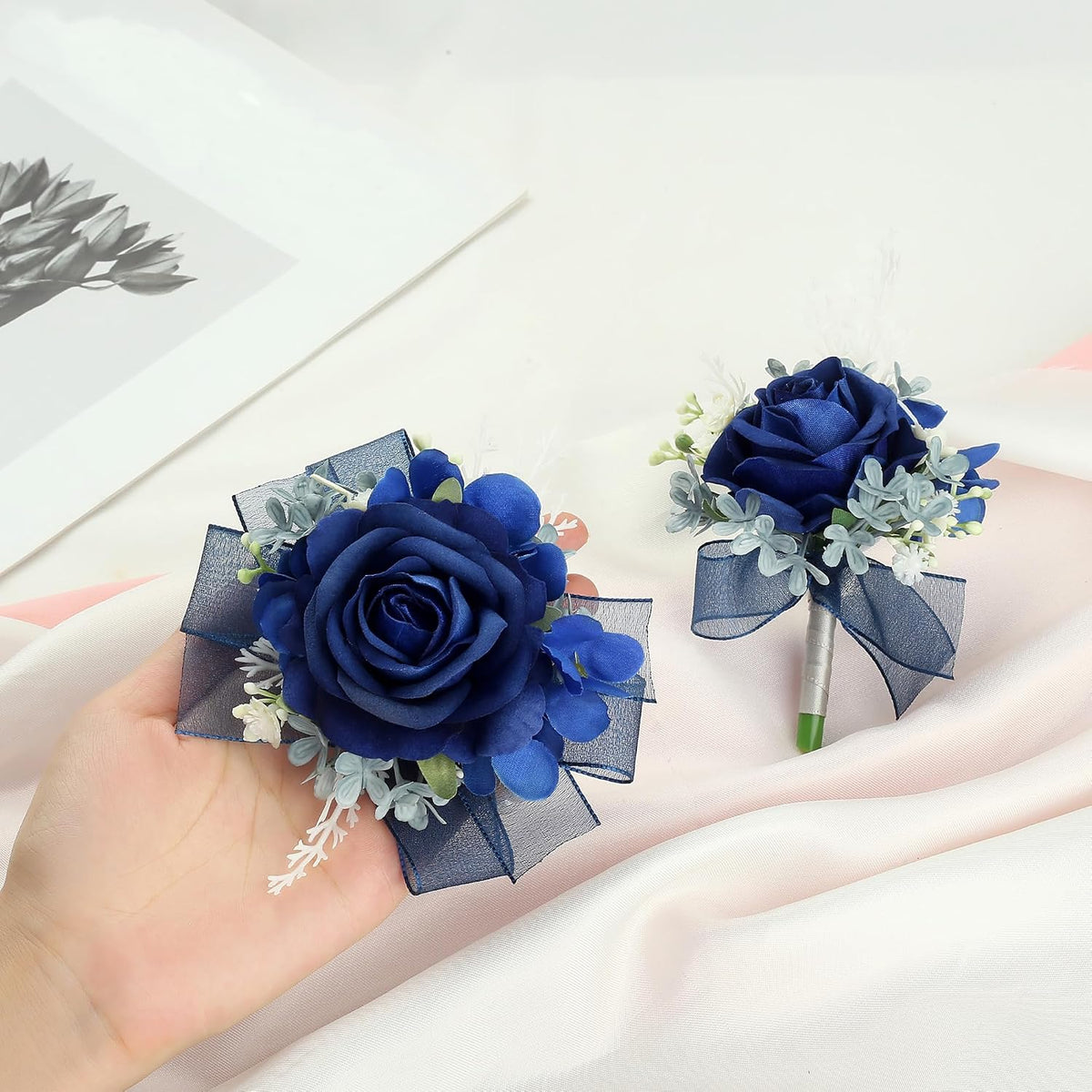 Blue Corsage and Boutonniere Set Double Pearl Bracelets