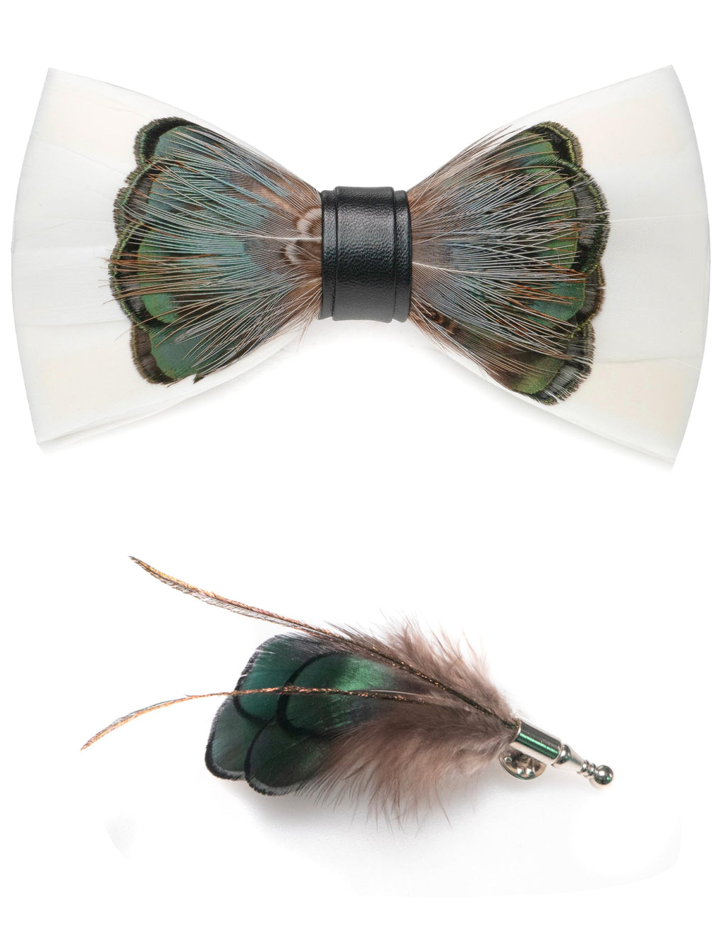 RBOCOTT Handmade Feather Pre-tied Bow tie and Brooch Sets for Men