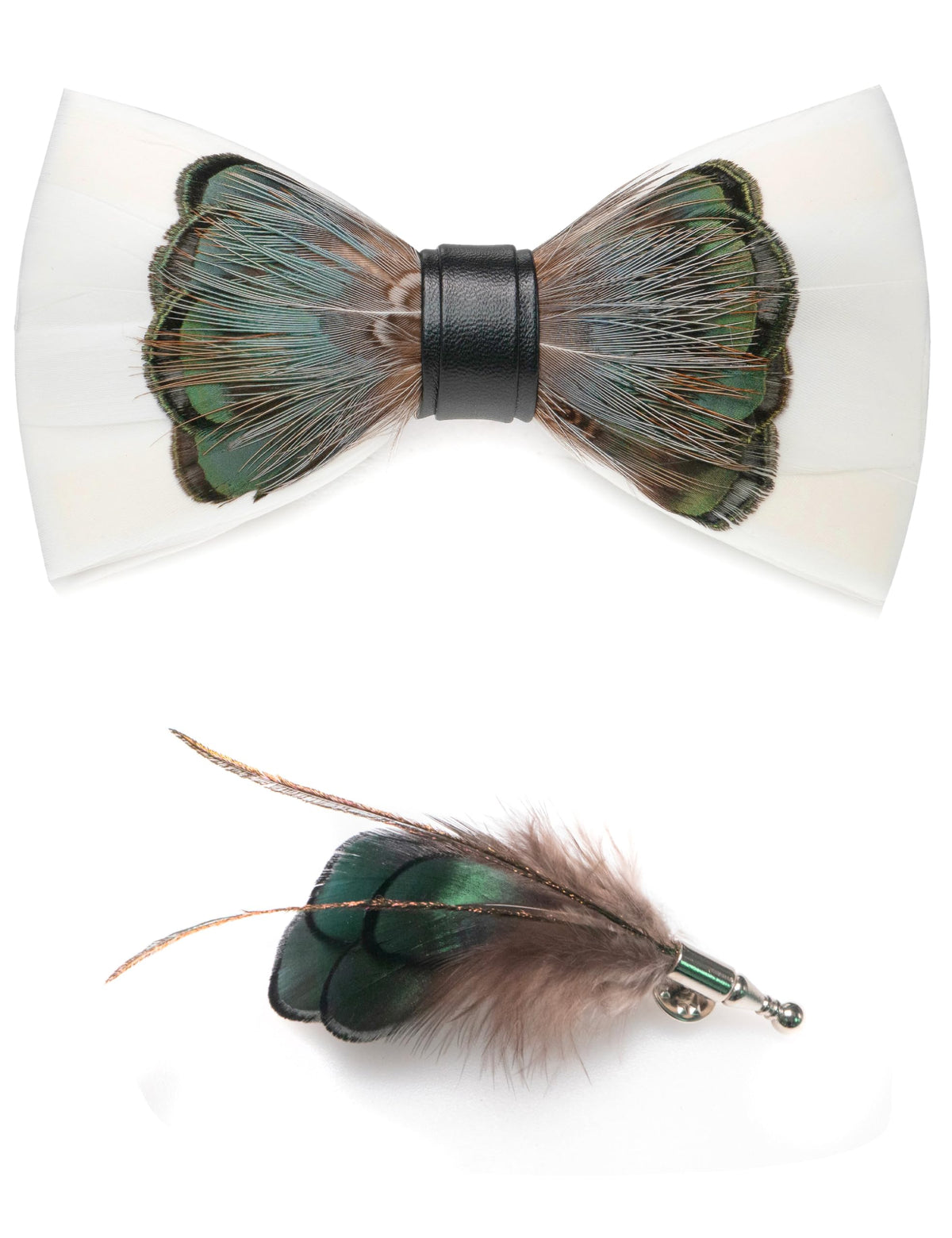 RBOCOTT Handmade Feather Pre-tied Bow tie and Brooch Sets for Men