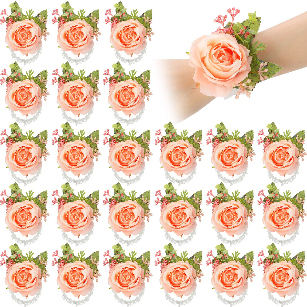 Sherr 24 Pcs Corsage Wristlet for Wedding Bridesmaid Women, White