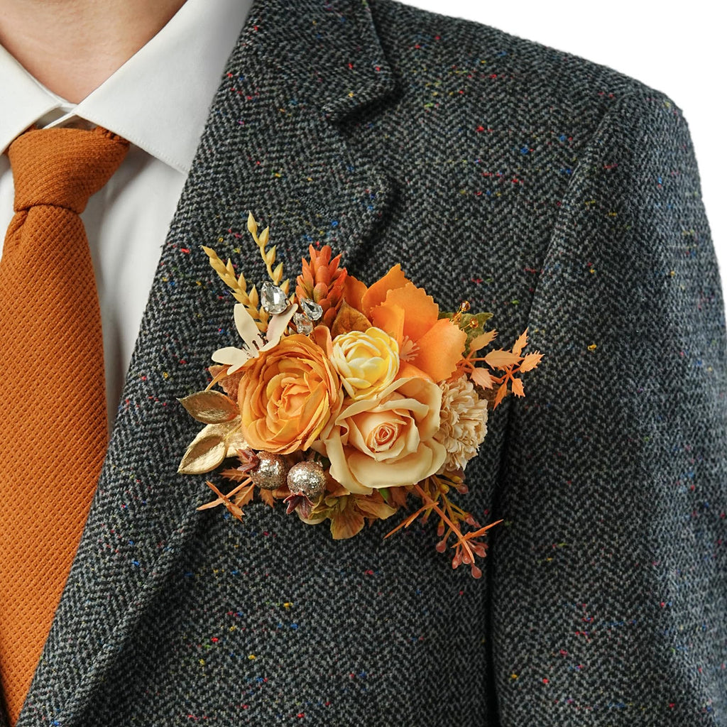 TINGE TIME Luxury Groom Boutonniere for Wedding, 1 PCS Pocket Boutonniere for Men Wedding, Prom, Homecoming, Anniversary, Graduation, Christmas Dinner (Terracotta)