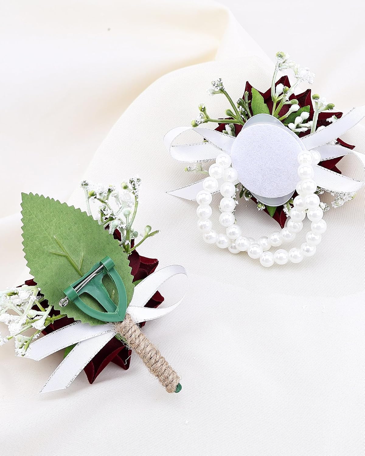 2Pcs Burgundy Rose Corsage and Boutonniere Set, Wrist Corsage with Double Pearl Bracelet and Boutonniere for Men with Pin Clip for Wedding Prom Homecoming Party Suit Decorations