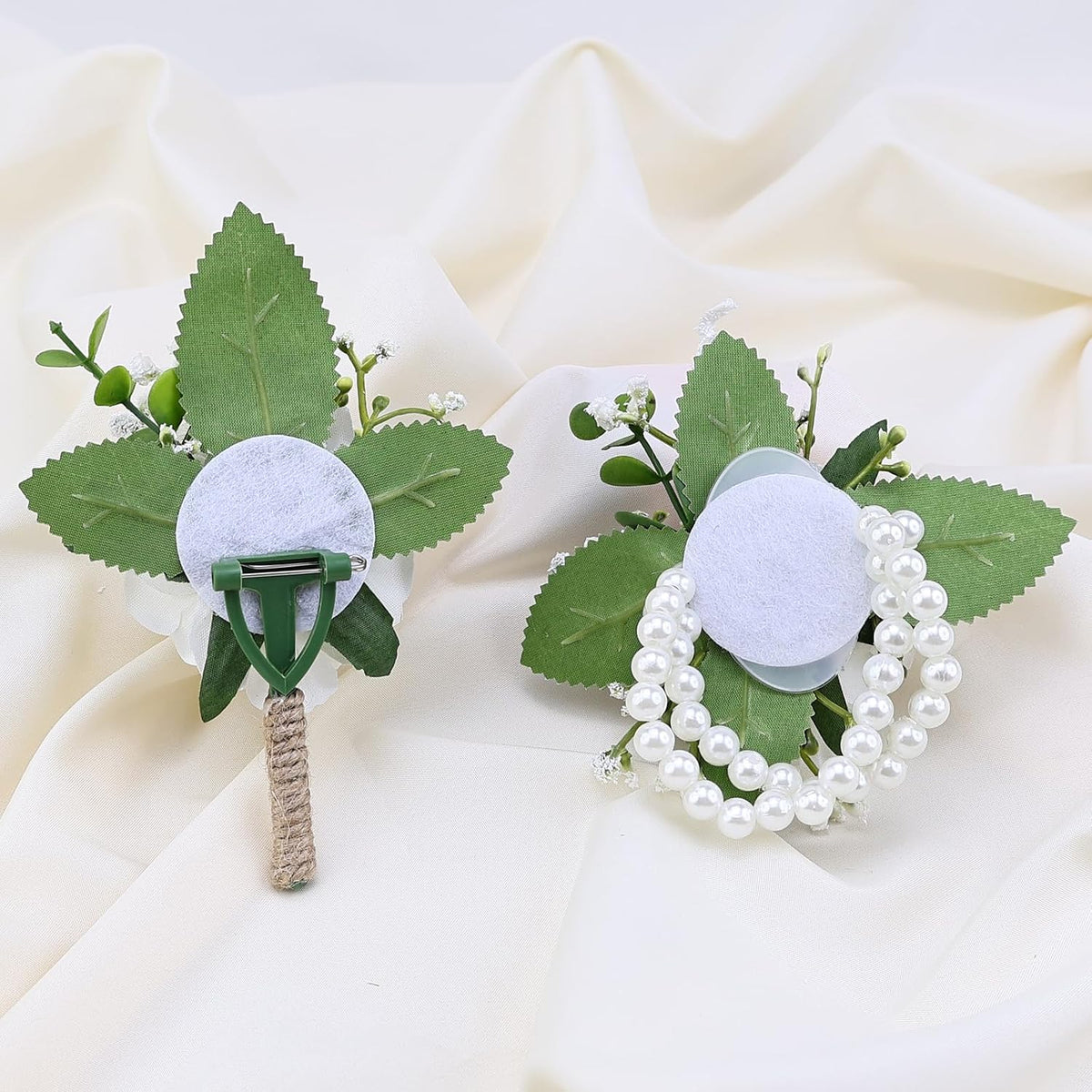 2Pcs White Rose Corsage and Men Boutonniere Set, Wrist Band Bracelets, for Wedding Bride Bridesmaid Groom Groomsmen Flower Accessories Prom Party Man Suit Decor