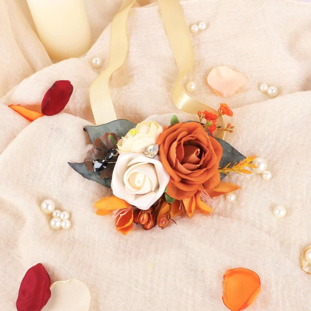 Set of 6 Terracotta Flowers Wrist Corsage for Wedding Party Prom Corsages Wristlet Decor Orange Hand Flowers for Bridesmaid Girl Mother of The Bride
