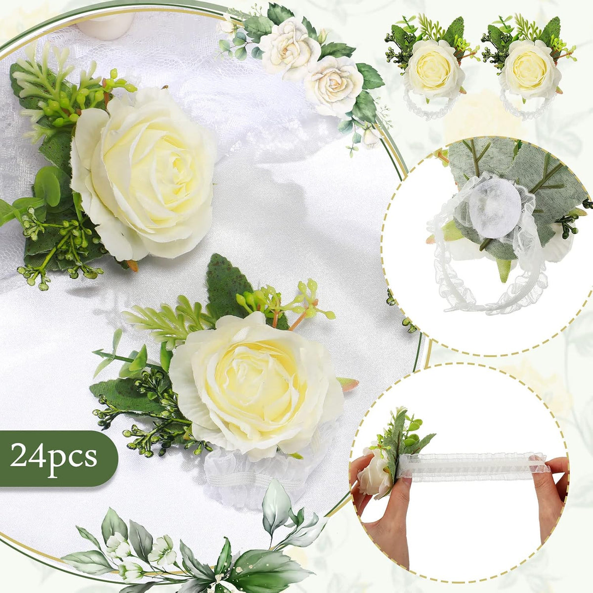 Sherr 24 Pcs Corsage Wristlet for Wedding Bridesmaid Women, White