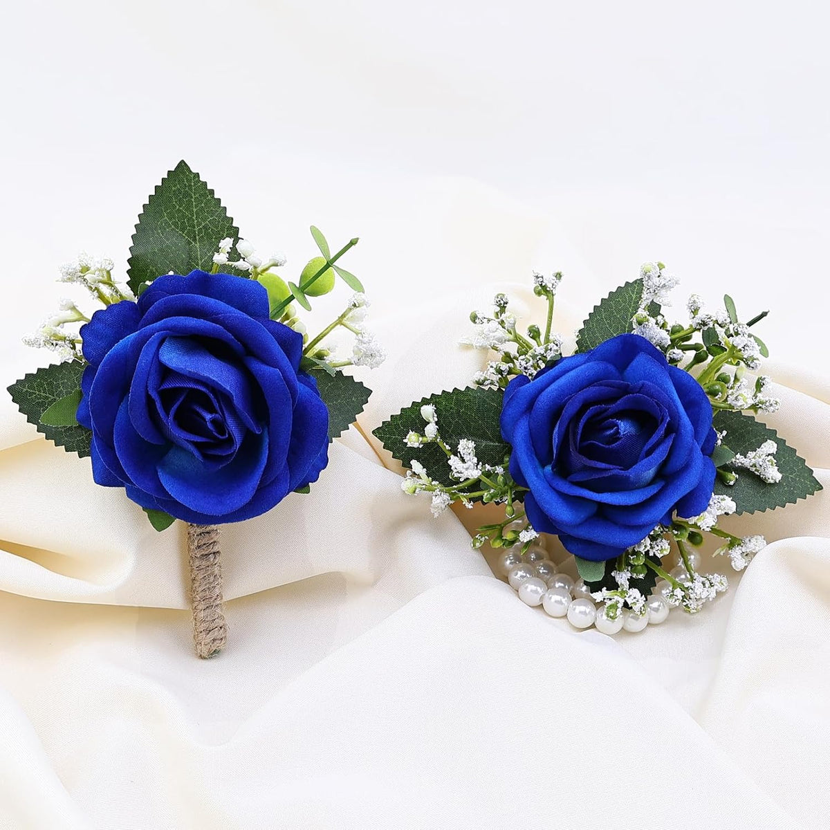 2Pcs Royal Blue Rose Corsage and Men Boutonniere Set, Wrist Band Bracelets, for Wedding Bride Bridesmaid Groom Groomsmen Flower Accessories Prom Party Man Suit Decor