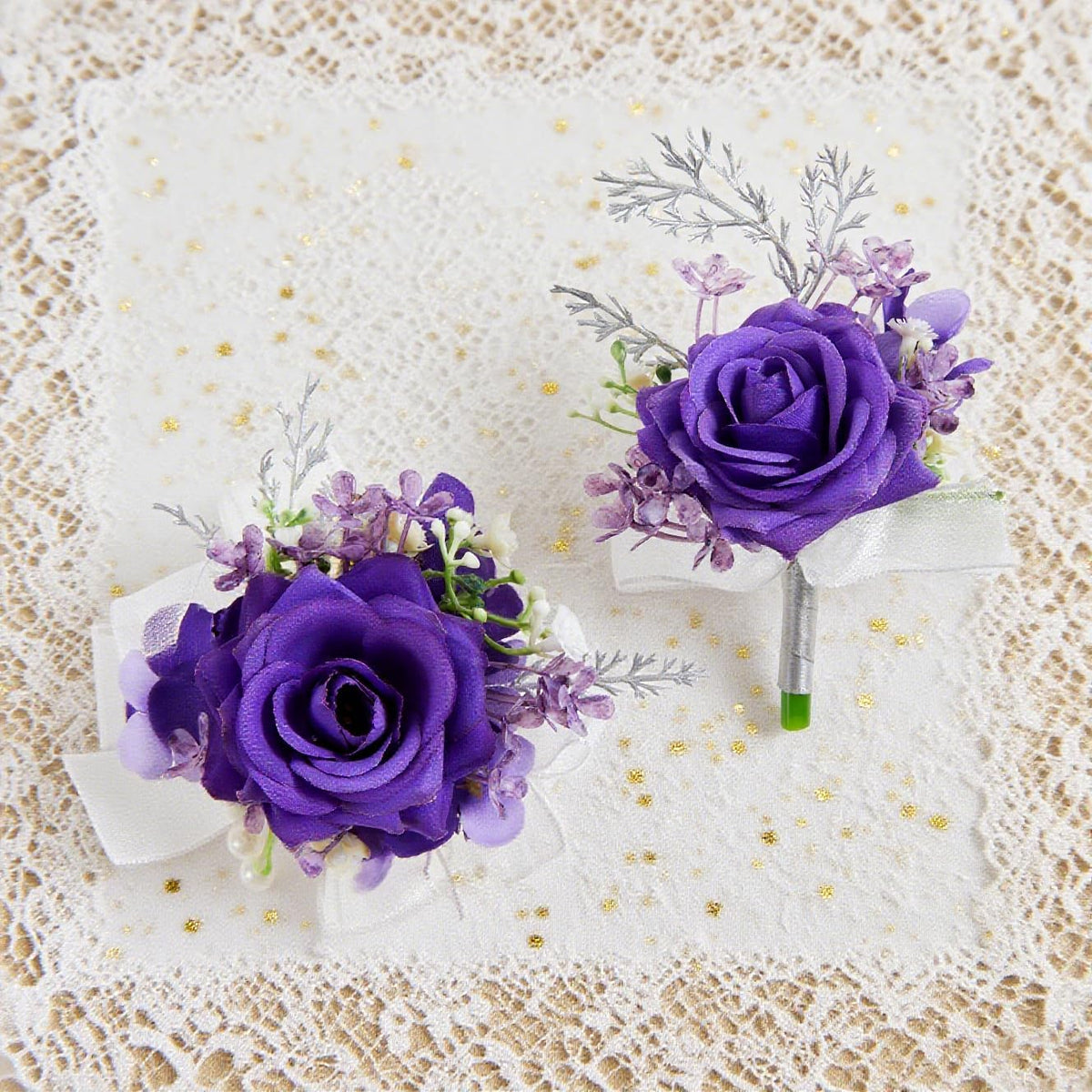 2 Pcs Purple Wrist Corsage and Boutonniere Set