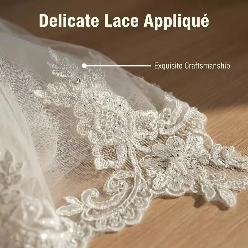 Bridal Veil - Classic 3m Long Train, 1.6m Wide Soft Plain Sheer Tulle, Scalloped Sparkling Silver Sequin Lace Edge, Attached Comb, Wedding Veils for Brides