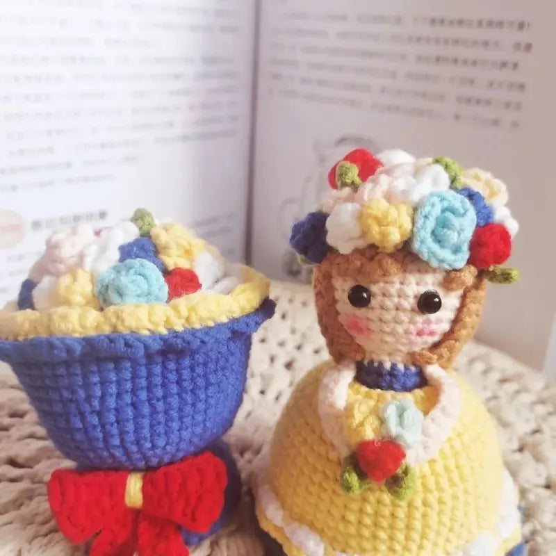 Handmade Crochet Cross-Dressing Bride Doll Knitted Finished Flower Bouquet Decoration Girls Birthday Gift Knitting Supplies