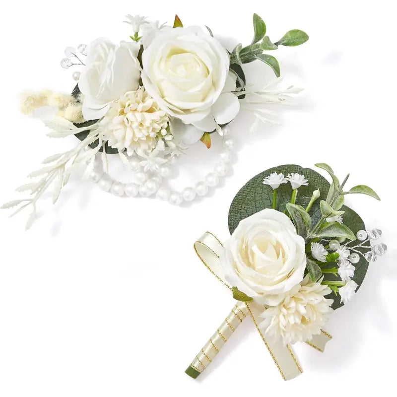 White Rose Corsage and Boutonniere Set, Boutonniere for Men and Wrist Corsage Wristlet Prom Homecoming Wedding Flowers Accessories Party Suit Decorations