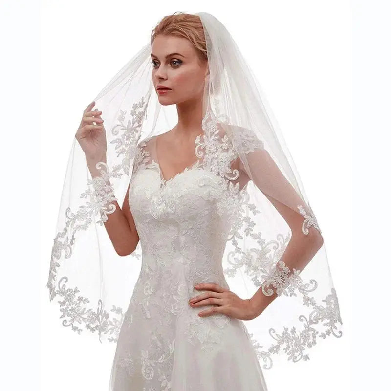 Wedding Bridal Veil 2 Tier Flower Lace Applique Edge Fingertip Length Tulle Veil with Comb for Brides White Ivory