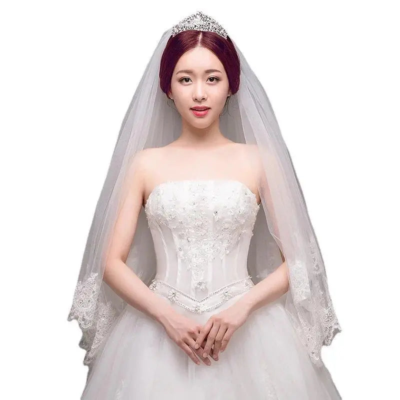Lace Appliqued Wedding Veil with Comb 2-Tier Sequins Bridal Veils Soft Tulle for Brides