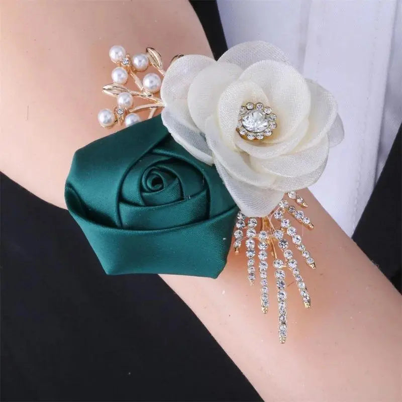 Bridal Groom Polyester Floral Jewelry Set - Groom's Boutonniere, Bride's Wrist Corsage, Elegant Cream Blooms with Dark Greenery for Wedding Ceremony