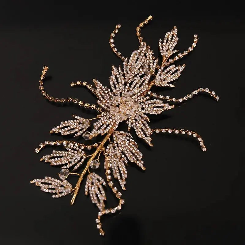 Gold Rhinestone Hair Band Bride Crystal Leaf Headband Wedding Accessories Luxury Jewelry Woman Ornaments Party  Headpiece