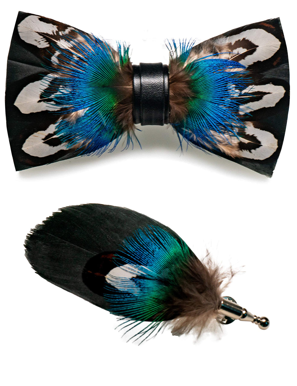 RBOCOTT Handmade Feather Pre-tied Bow tie and Brooch Sets for Men