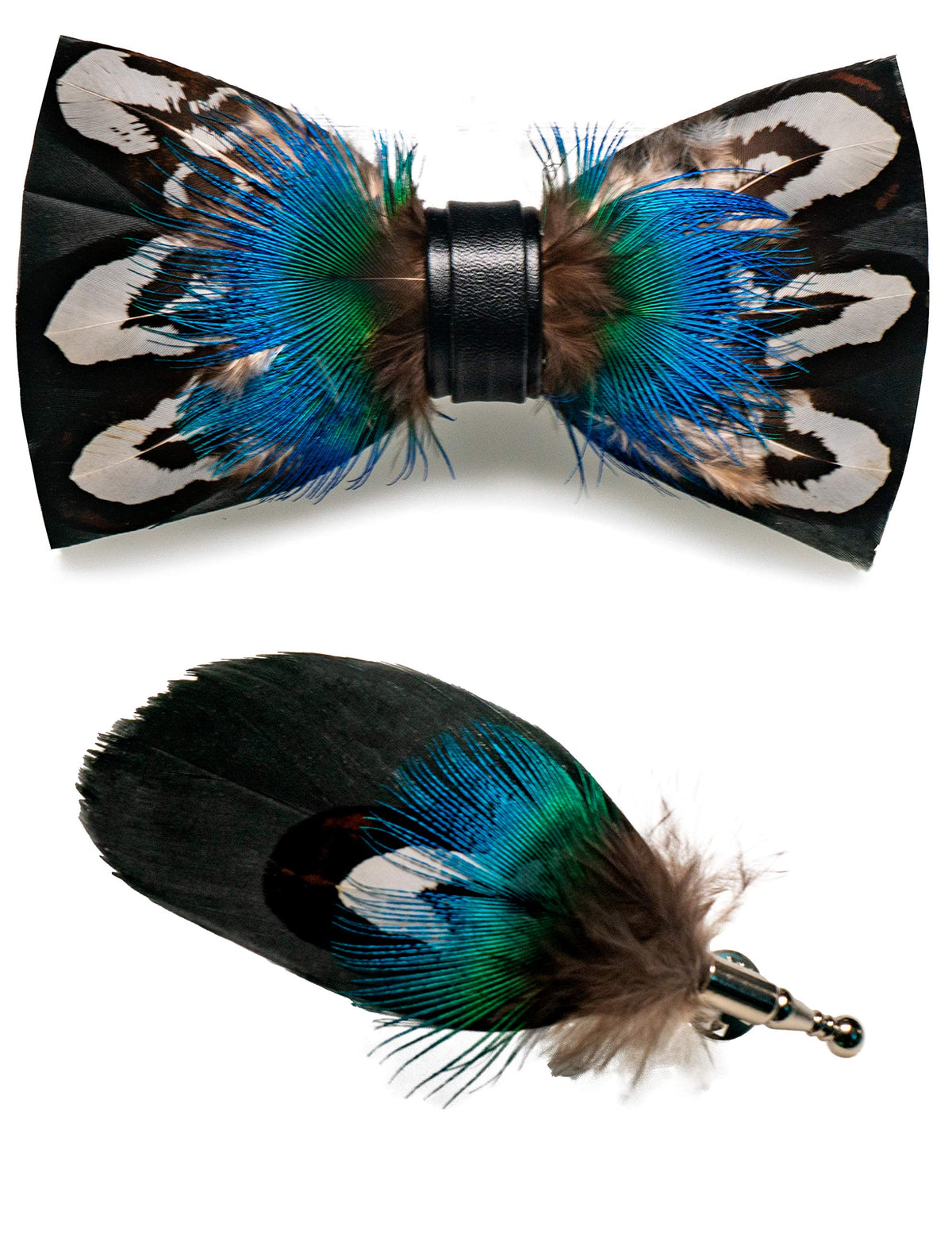 RBOCOTT Handmade Feather Pre-tied Bow tie and Brooch Sets for Men