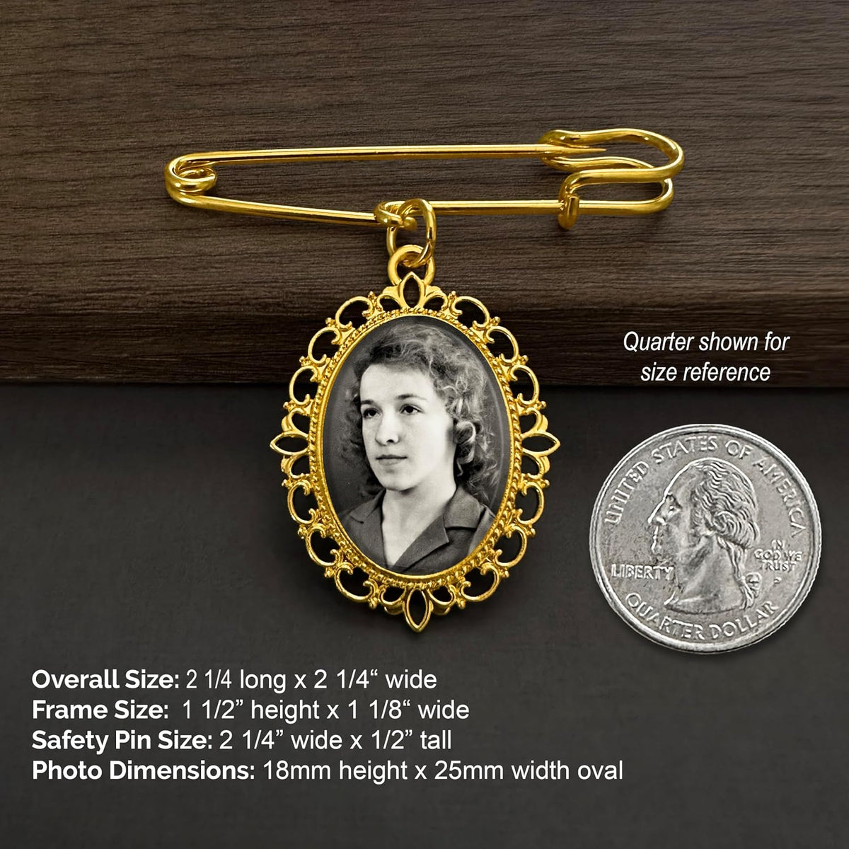 Gold Wedding Bouquet Photo Charm Pin for Bridal Bouquet or Boutonniere Memorial for Mother Father of The Bride or Groom Wedding Accessory