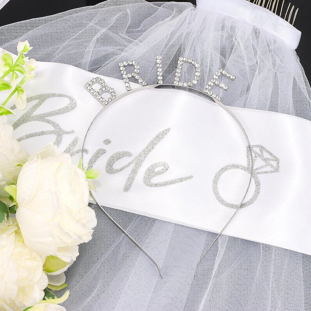 KICOSY Bride Headband and Sash Veil for Bachelorette Party Tiara Veil for Wedding Bridal Shower Hairband With Veil Bridal Sash Wedding Headpiece for Bride