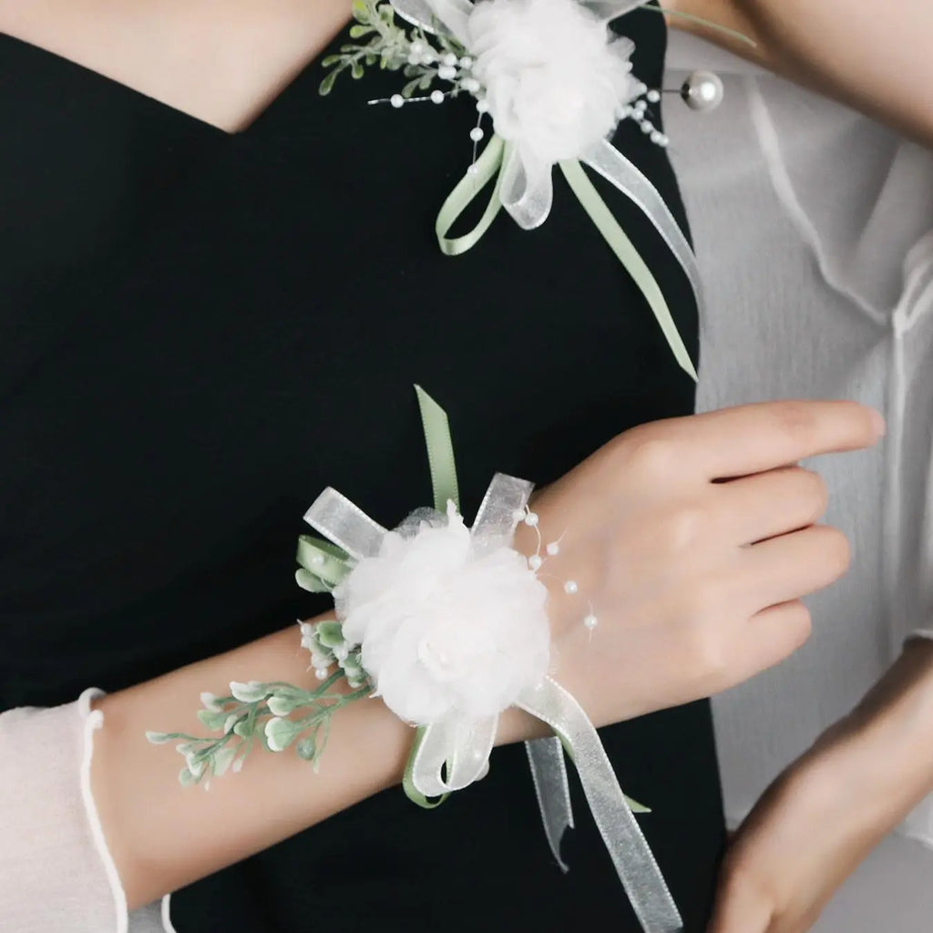 Simple Artificial Pearl Decorated Wrist Corsage & Boutonniere, Elegant Wedding Bridal Party Decoration, Fashion Accessories for Wedding Party