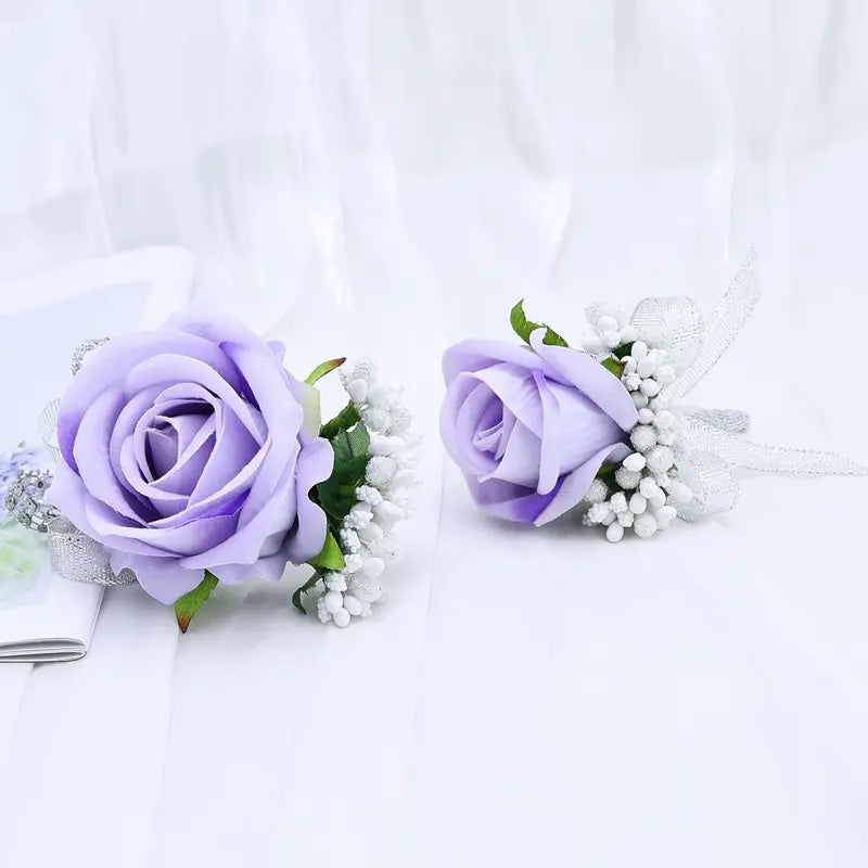 2Pcs Light Purple Rose Corsage and Boutonniere Set, Artificial Wrist Corsage Wristlet Bracelets, Men Boutonniere for Wedding Anniversary Party Homecoming Flowers Accessories Prom Decor