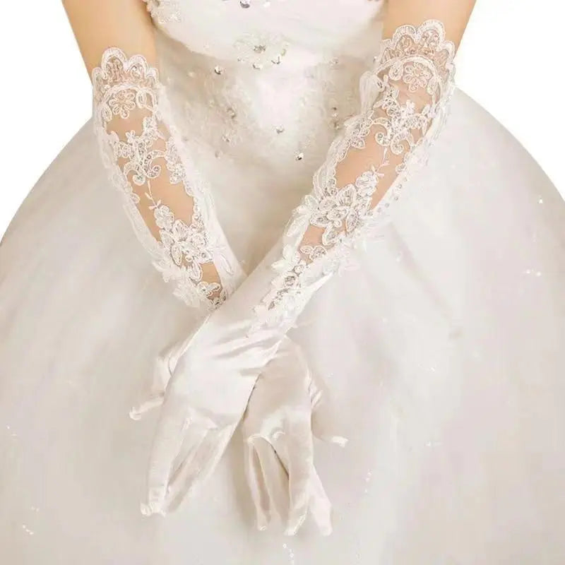 Elegant Satin Lace Gloves Long Bridal Gloves for Bride Flower Girls Women Wedding Prom Party