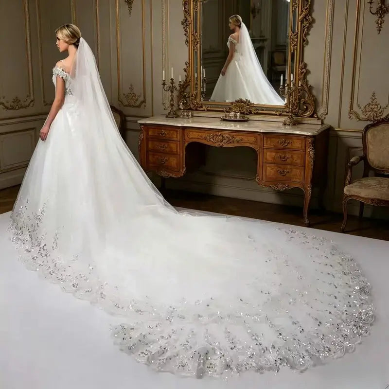Bridal Veil - Classic 3m Long Train, 1.6m Wide Soft Plain Sheer Tulle, Scalloped Sparkling Silver Sequin Lace Edge, Attached Comb, Wedding Veils for Brides