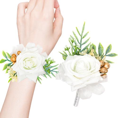 2 Pcs Blue Rose Wrist Corsage and Boutonniere Set, Rose Corsage Hand for Women, Boutonniere for Men Wedding Artificial Flowers Accessories Prom Decor, Wedding Flower Party Accessories (Blue)