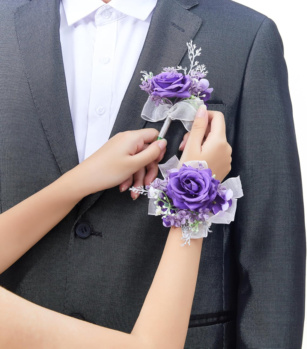 2 Pcs Purple Wrist Corsage and Boutonniere Set
