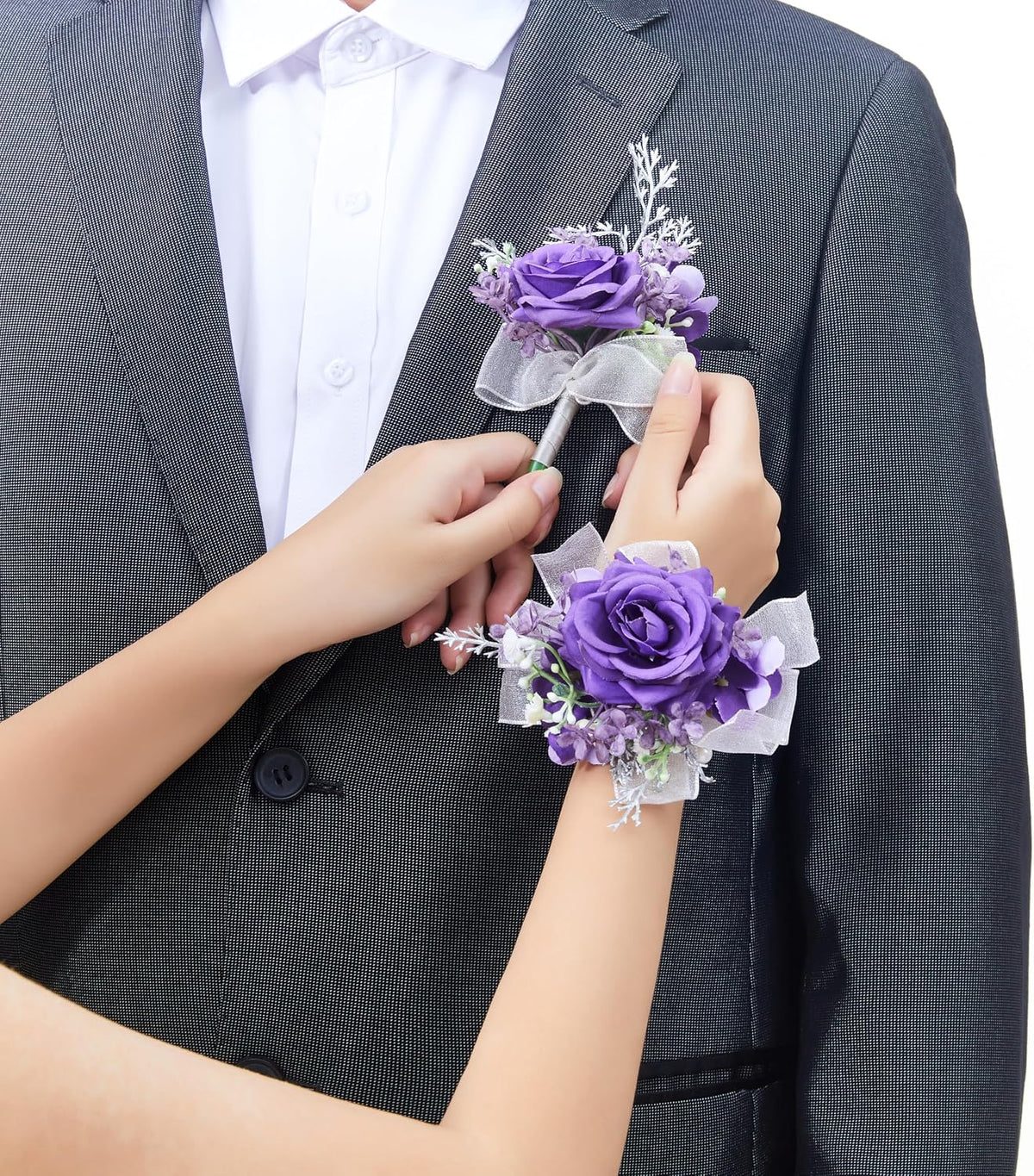2 Pcs Purple Wrist Corsage and Boutonniere Set