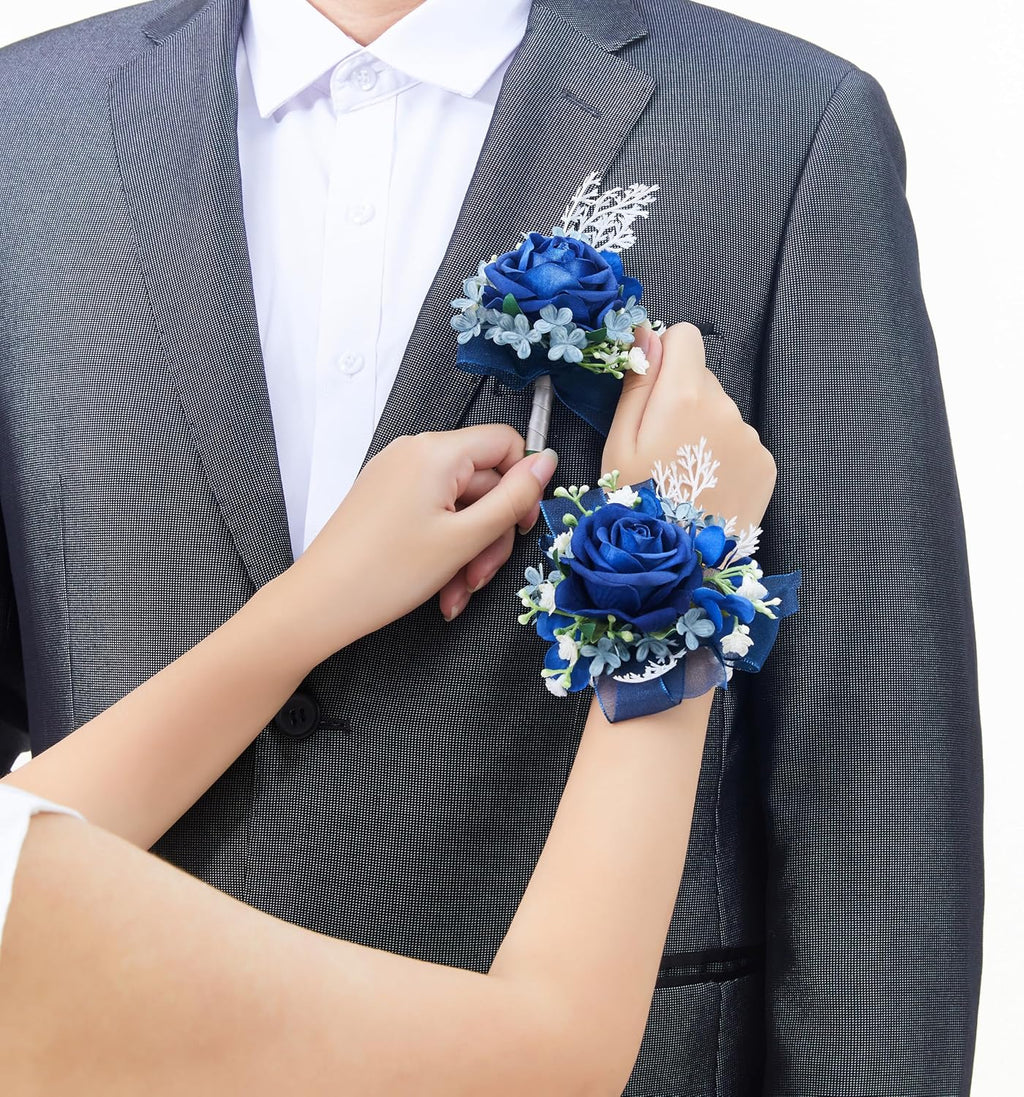 2 Pcs Blue Wrist Corsage and Boutonniere Set