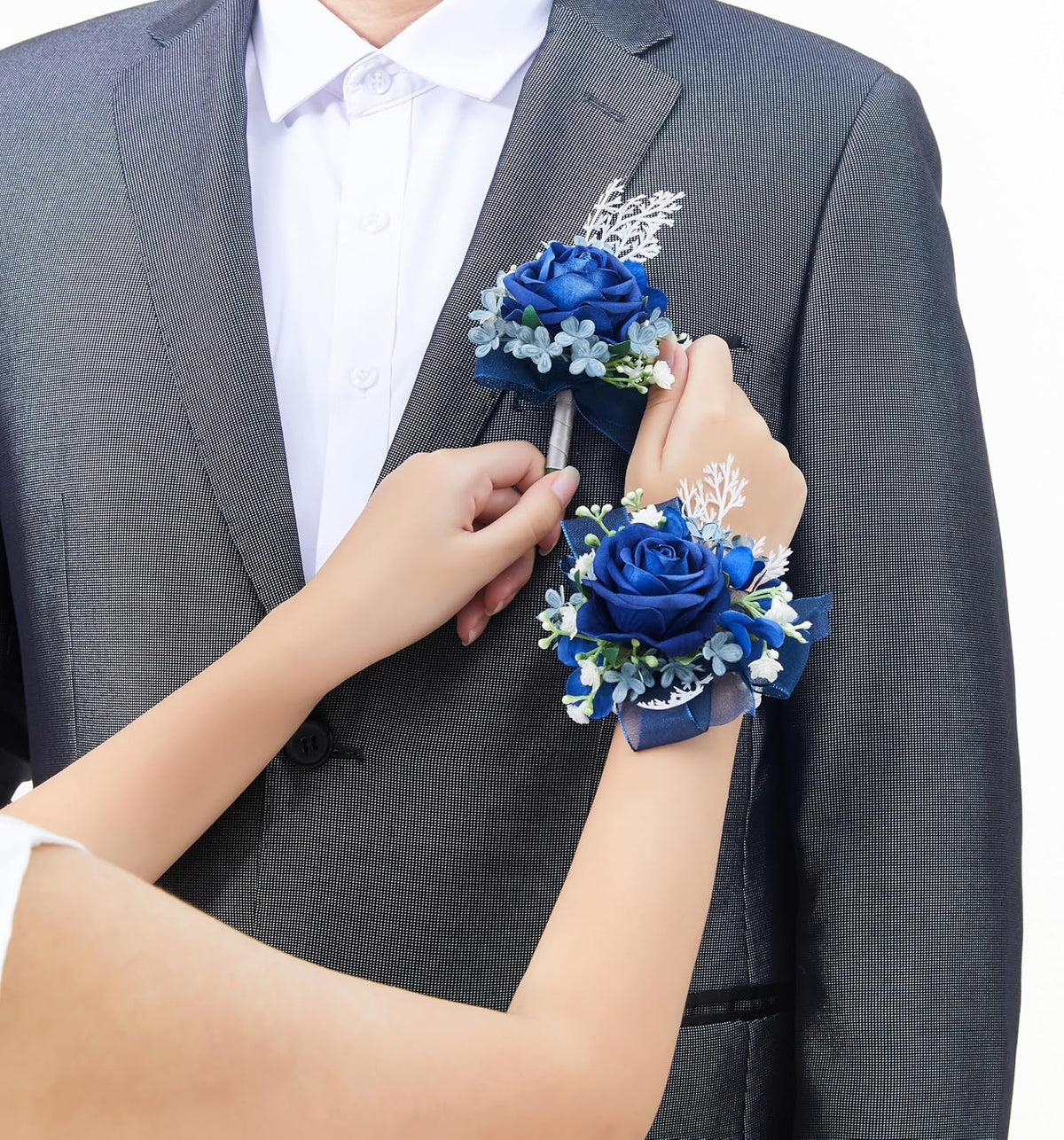 2 Pcs Blue Wrist Corsage and Boutonniere Set