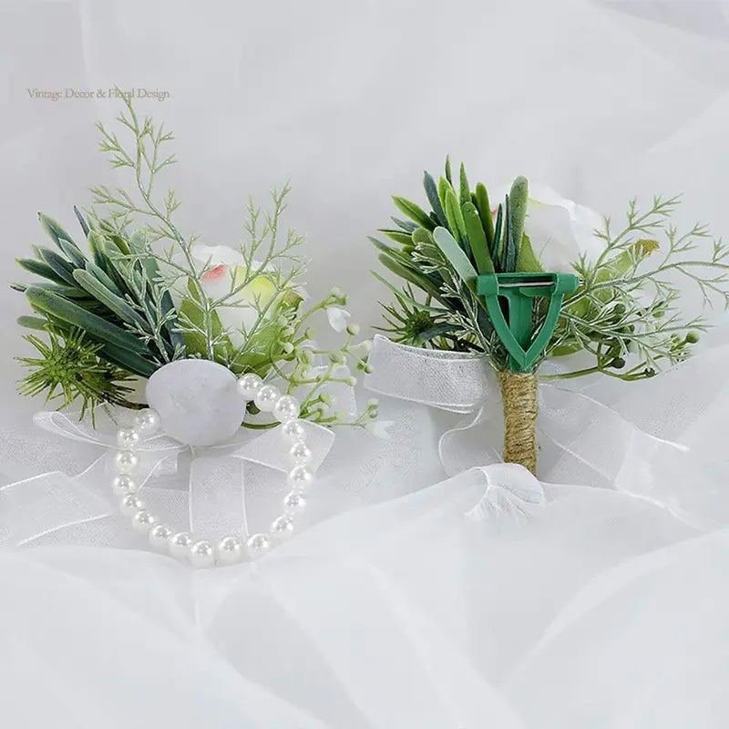 Rustic Chic Wedding Wrist Corsage & Boutonniere Set - Ivory Silk Rose, Adjustable Pearl Bracelet, Handcrafted Pearl Accents, Formal Outdoor Unisex for Wedding Prom, 1 Corsage & 1 Boutonniere, Beach