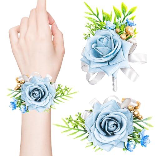 2 Pcs Blue Rose Wrist Corsage and Boutonniere Set, Rose Corsage Hand for Women, Boutonniere for Men Wedding Artificial Flowers Accessories Prom Decor, Wedding Flower Party Accessories (Blue)