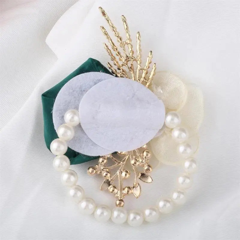 Bridal Groom Polyester Floral Jewelry Set - Groom's Boutonniere, Bride's Wrist Corsage, Elegant Cream Blooms with Dark Greenery for Wedding Ceremony