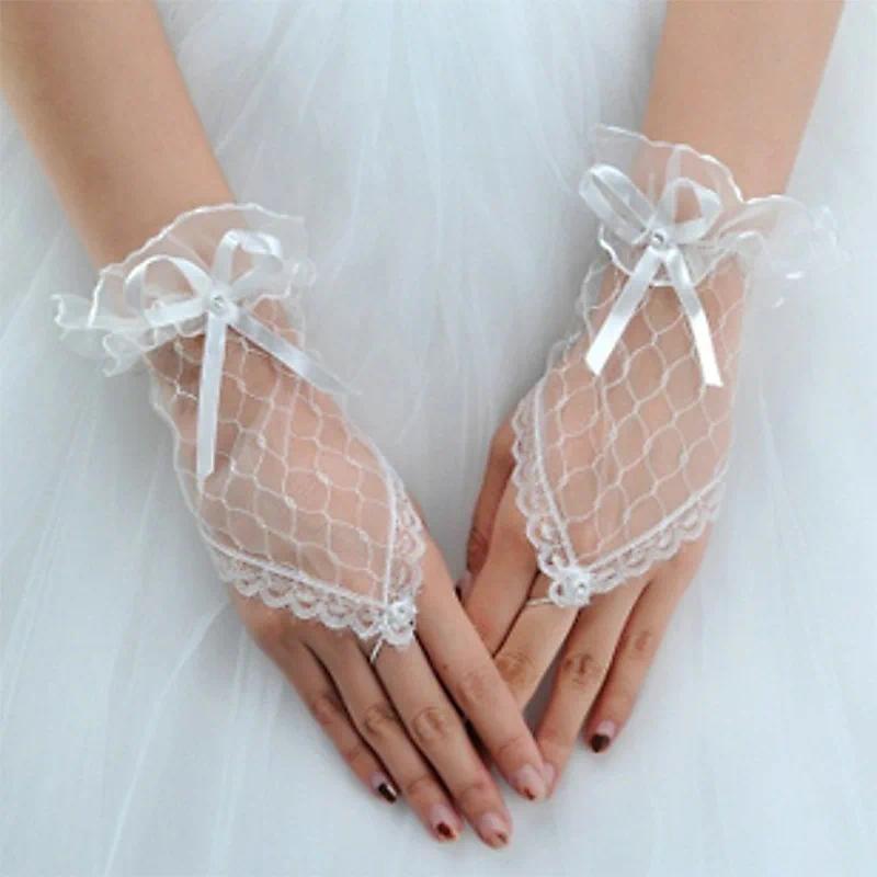 Womens' Wedding Gloves Fingerless Rhinestone Lace for Brides and Bridesmaids Bow White Black Red