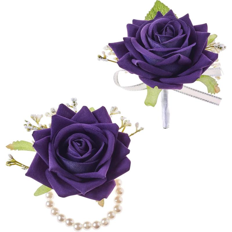 Unisex 2-Piece Handmade Silk Red Rose Corsage & Boutonniere Set - 100% Handmade, 2.7inches x 2.7inches, Wrist Corsage, Pin, Gift Box, Wedding, Banquets, All Seasons Formal Occasions