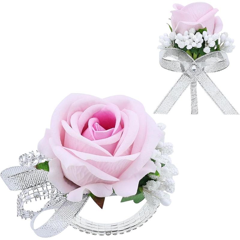 2Pcs Light Blue Rose Corsage and Boutonniere Set, Artificial Wrist Corsage Wristlet Bracelets, Men Boutonniere for Wedding Party Homecoming Formal Dinner Flowers Accessories Prom Suit Decor