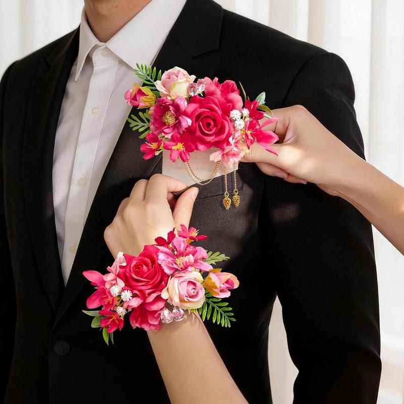 Wedding 2Pcs Pre-Made Ready-to-Use Corsage & Boutonniere Set - Pastel Soft Classic Silk Champagne Rose Wristlet Corsage, Pocket Boutonniere for Bridal Shower, Prom