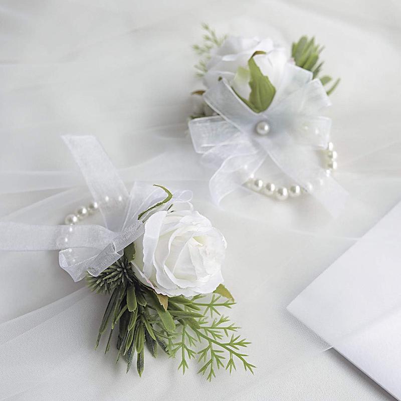 Rustic Chic Wedding Wrist Corsage & Boutonniere Set - Ivory Silk Rose, Adjustable Pearl Bracelet, Handcrafted Pearl Accents, Formal Outdoor Unisex for Wedding Prom, 1 Corsage & 1 Boutonniere, Beach