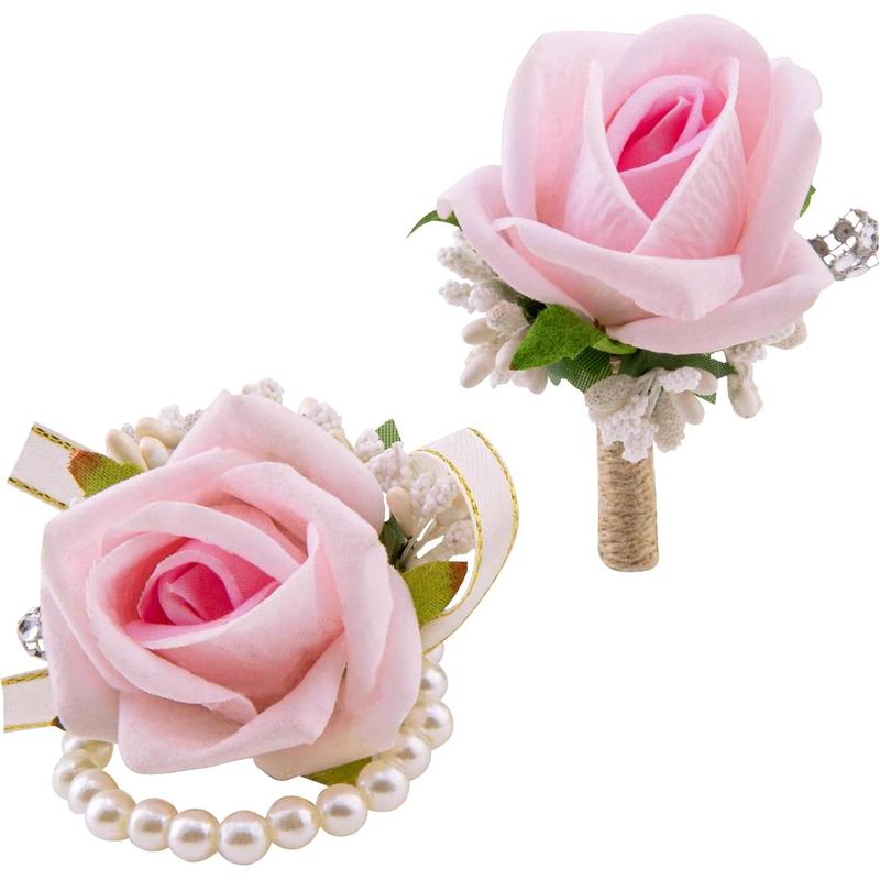 Unisex 2-Piece Handmade Silk Red Rose Corsage & Boutonniere Set - 100% Handmade, 2.7inches x 2.7inches, Wrist Corsage, Pin, Gift Box, Wedding, Banquets, All Seasons Formal Occasions