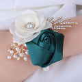 Bridal Groom Polyester Floral Jewelry Set - Groom's Boutonniere, Bride's Wrist Corsage, Elegant Cream Blooms with Dark Greenery for Wedding Ceremony