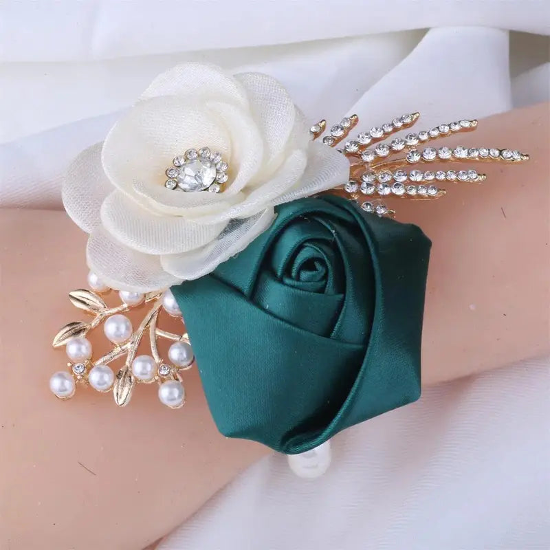 Bridal Groom Polyester Floral Jewelry Set - Groom's Boutonniere, Bride's Wrist Corsage, Elegant Cream Blooms with Dark Greenery for Wedding Ceremony