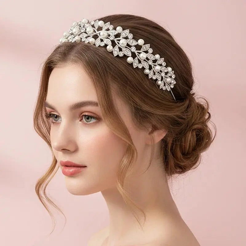 Silver Rhinestone Hair Crown with Ivory Pearl Vintage Crystal Bridal Wedding Tiara Bride Headpiece Crowns Mom-Daughter Headband