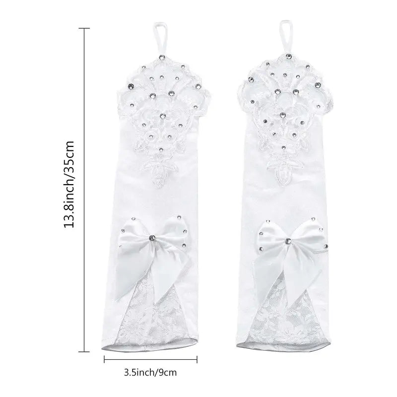 Satin Long Women’s Wedding Gloves Ivory Fingerless Lace Bridal Crystal Bow Flower for Bride Rhinestone Accessory